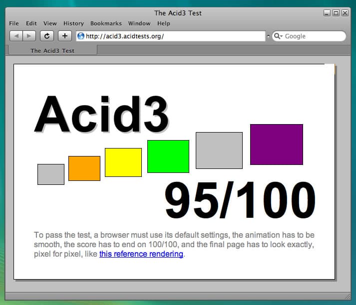 Safari 3.1通过升级WebKit引擎取得ACID3的95/100好成绩 - acid3-safari-updated